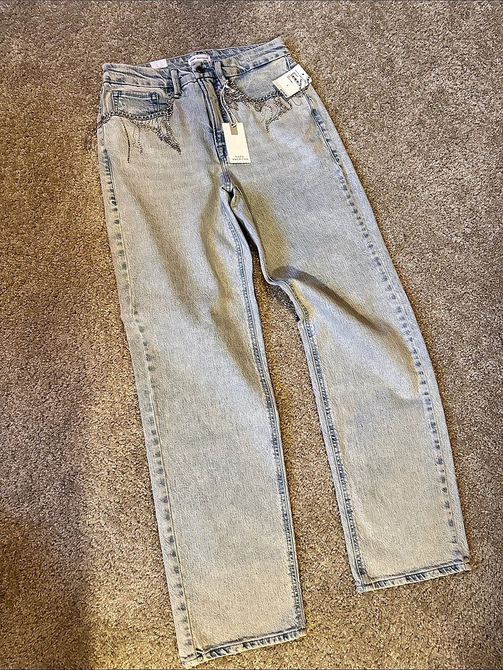 Good American Good Legs Embellished Straight Leg Jeans in Blue Waist 6/28 NWT